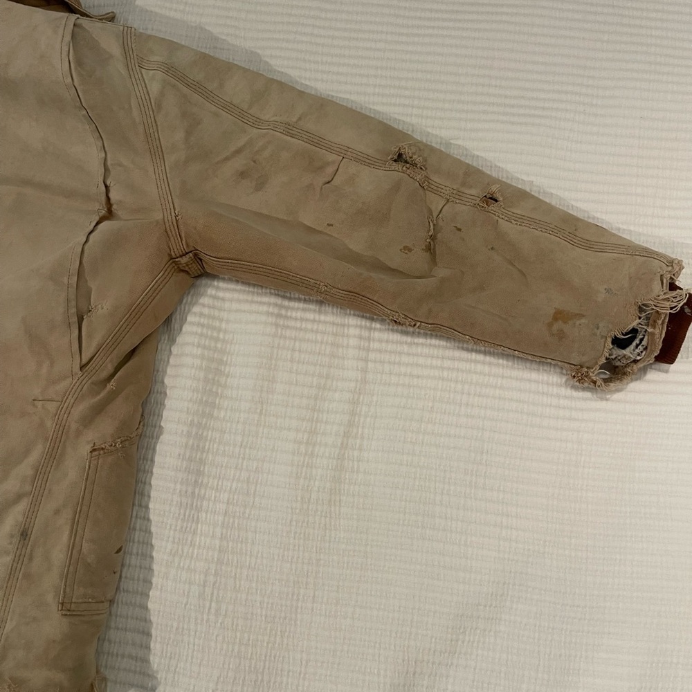 Vintage Carhartt Quilt Lined Tan Corduroy Collar Work Jacket Size Medium Stained - Picture 10 of 12